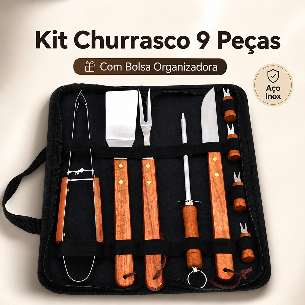 Kit 9 Churrasco Completo com Jogo de Facas Churrasco Presente Criativo para Homem e Pai com Churrasqueira