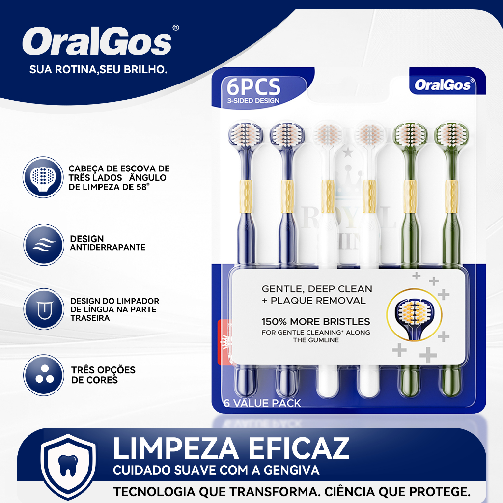 OralGos Escova de Dente, Cerdas Macias, Design de 3 lados, Kit Família 6 Unidades