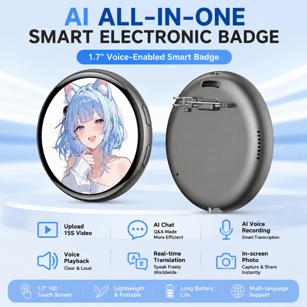Crachá Eletrônico Inteligente De 1.7 ” Com Bate-Papo AI E Tradutor Instantâneo | Pino Digital De Anime Personalizado , B