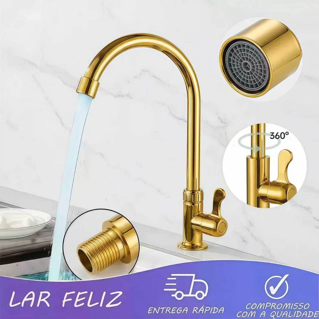 Torneira De Cozinha Giratória De Metal cromado Montada Bancada Alta Pescoço- Dourado