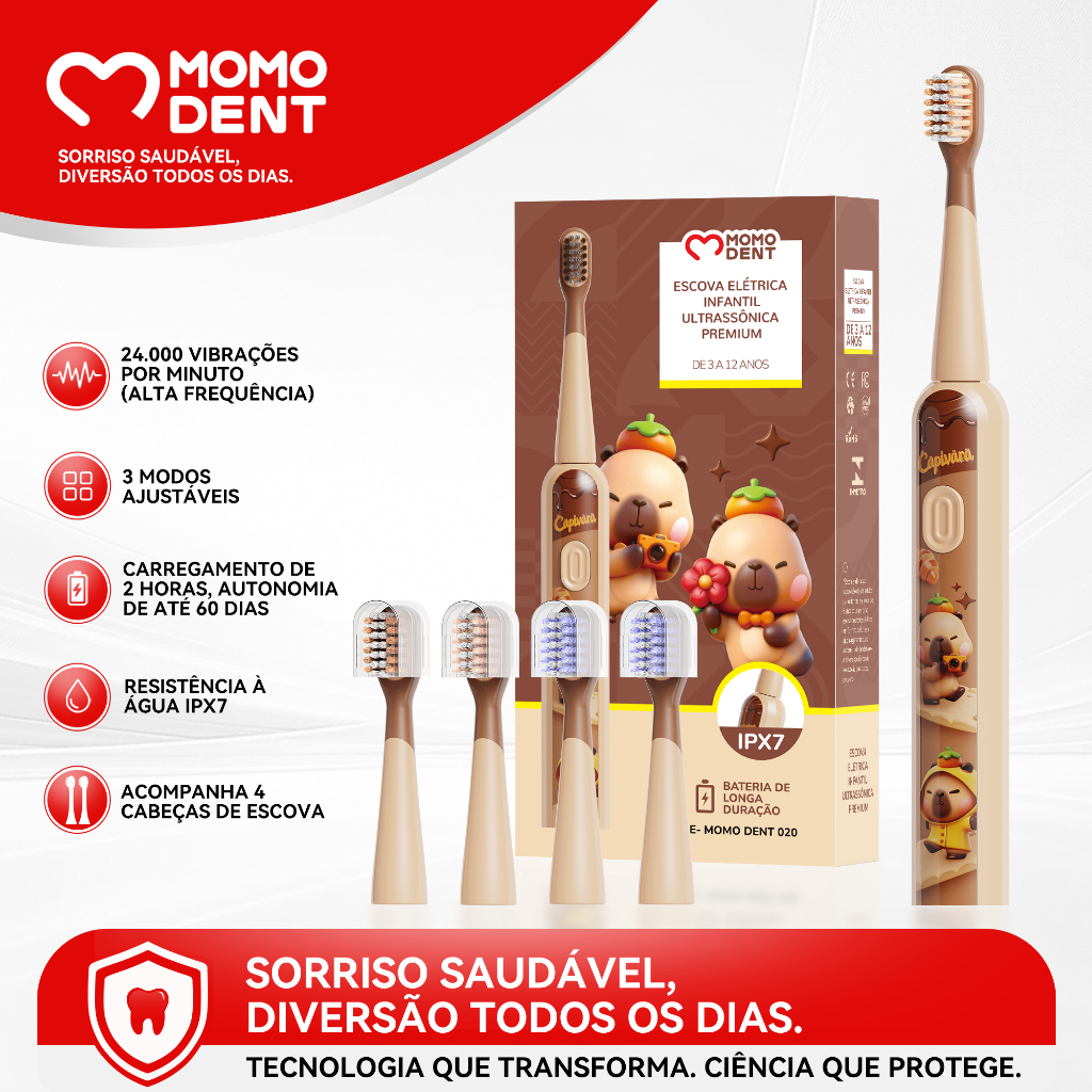 Momodent Escova Elétrica Infantil Cerdas Macias 3-12 Anos IPX7 3 Cores Cabeças Substituíveis