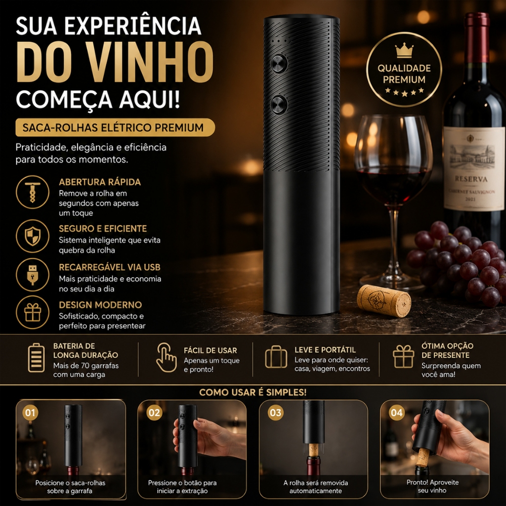 Abridor de Vinho Elétrico Recarregável Automático Saca Rolha USB Tipo C para Uso Doméstico