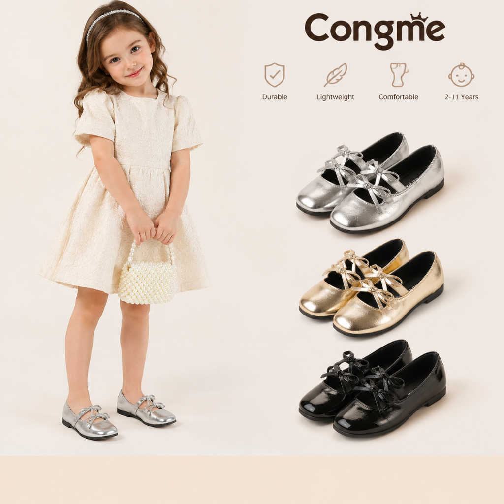 Congme Elegante Mary Jane Crianças Sapatos 2-11Y Prata Preto Dourado Bowknot Vestido Para Meninas Couro Macio Durável Ca