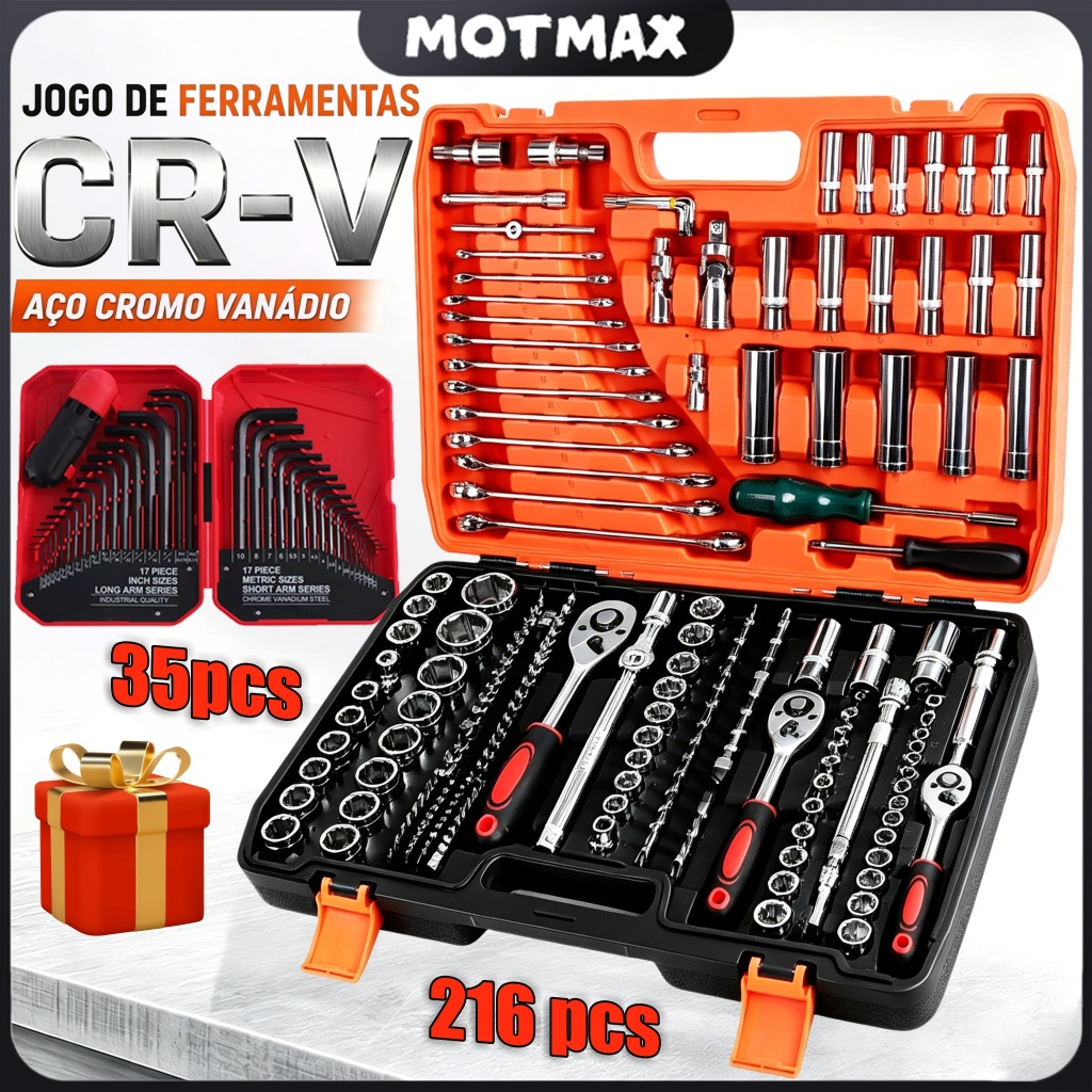 Kit jogo de ferramentas 216 + 35 pçs profissional original mecânico em aço cr-v cromo vanádio resistente -Envio Rápido