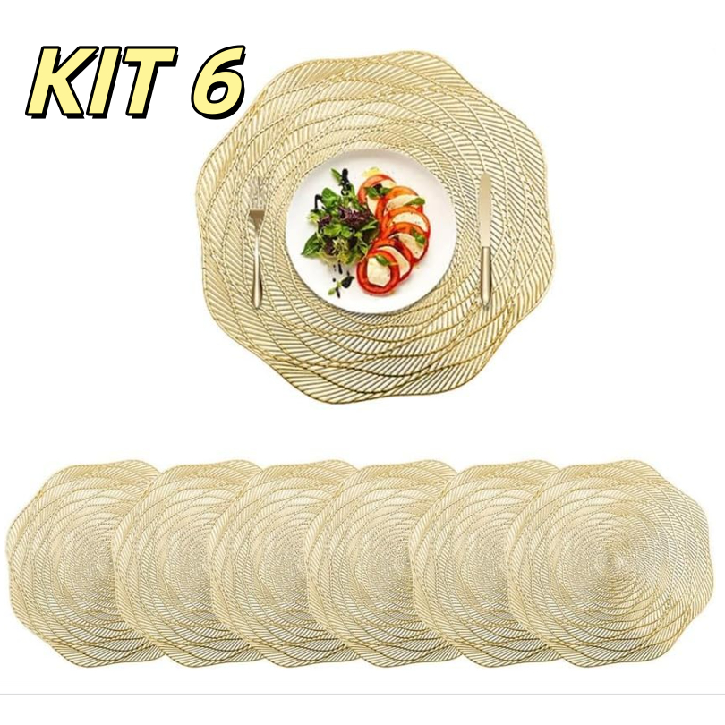 Kit 6 Jogo Americano Sousplat PVC Redondo Dourado Para Mesa de Cozinha Sala