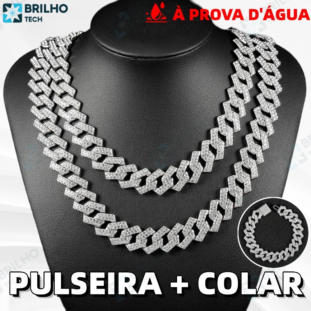 Moda Conjunto de colar e pulseira cubano colar com corrente cravejada de diamantes colar masculino de diamantes hip hop