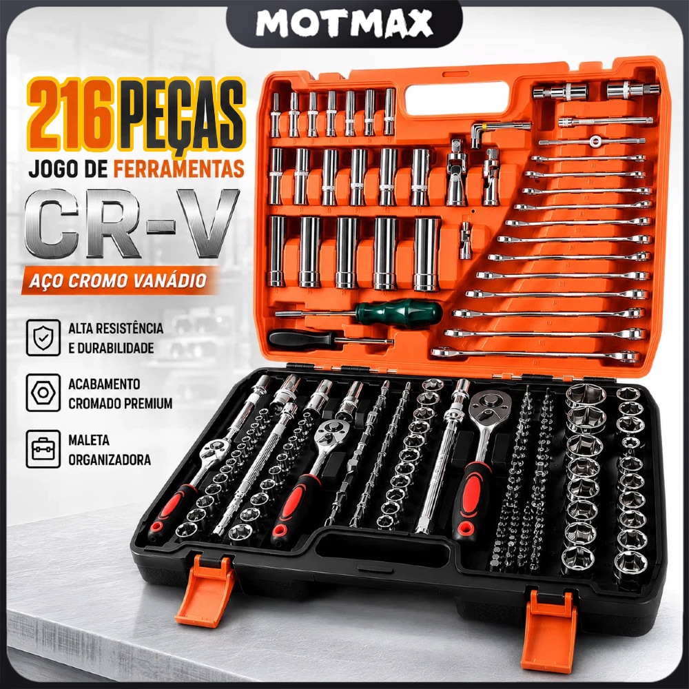 Kit jogo de ferramentas 216 pçs profissional original mecânico em aço cr-v cromo vanádio resistente - Envio Rápido