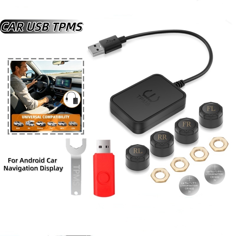 TPMS USB Android, Monitor Pressão Pneus Sensor Externo com Alarme para Som Automotivo