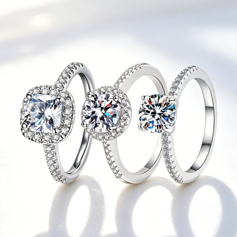 S925 prata moda clássico diamante senhoras anel Pavé espumante noivado anel de casamento presente + caixa