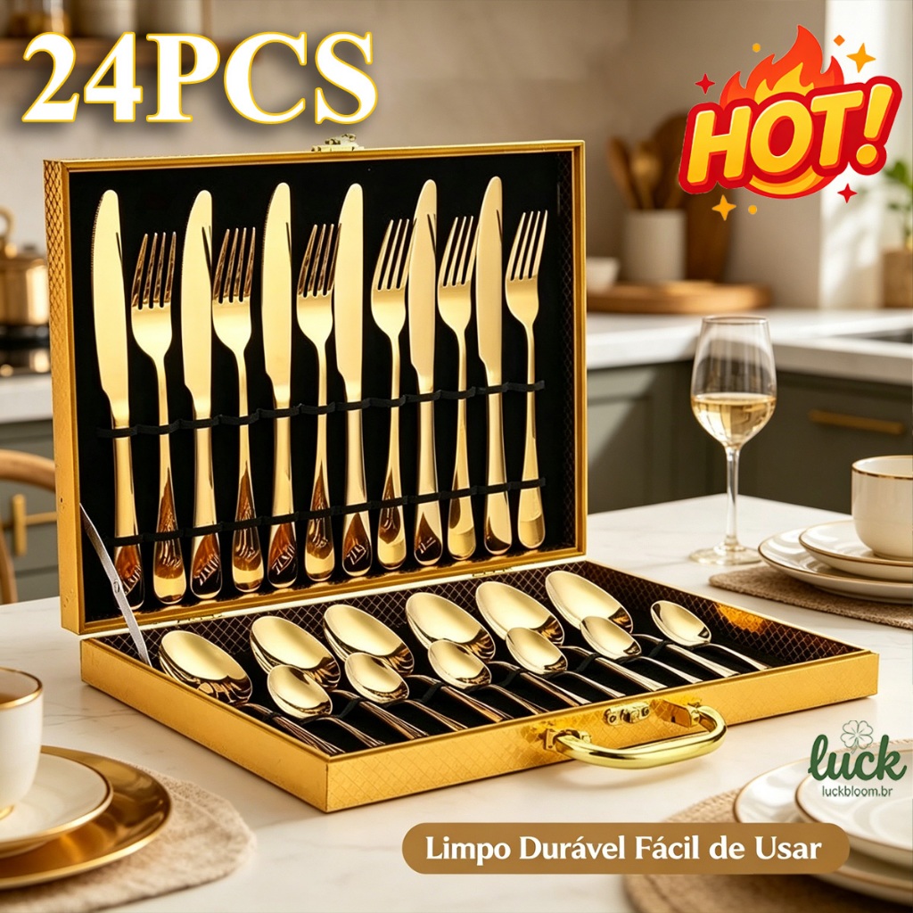Jogo Talheres 24 Peças Faqueiro Inox Premium Luxo Com Maleta