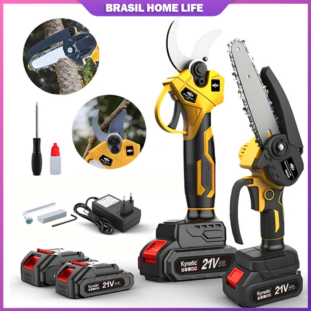 Kit Completo Motosserra Elétrica 6 Polegadas + Tesoura de Poda Sem Fio 21V com Bateria Recarregável Jardinagem