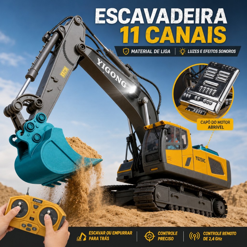 Escavadeira RC 2.4GHz 11CH Controle Remoto com Esteira em Liga Metálica, Veículo de Construção Infantil para Meninos