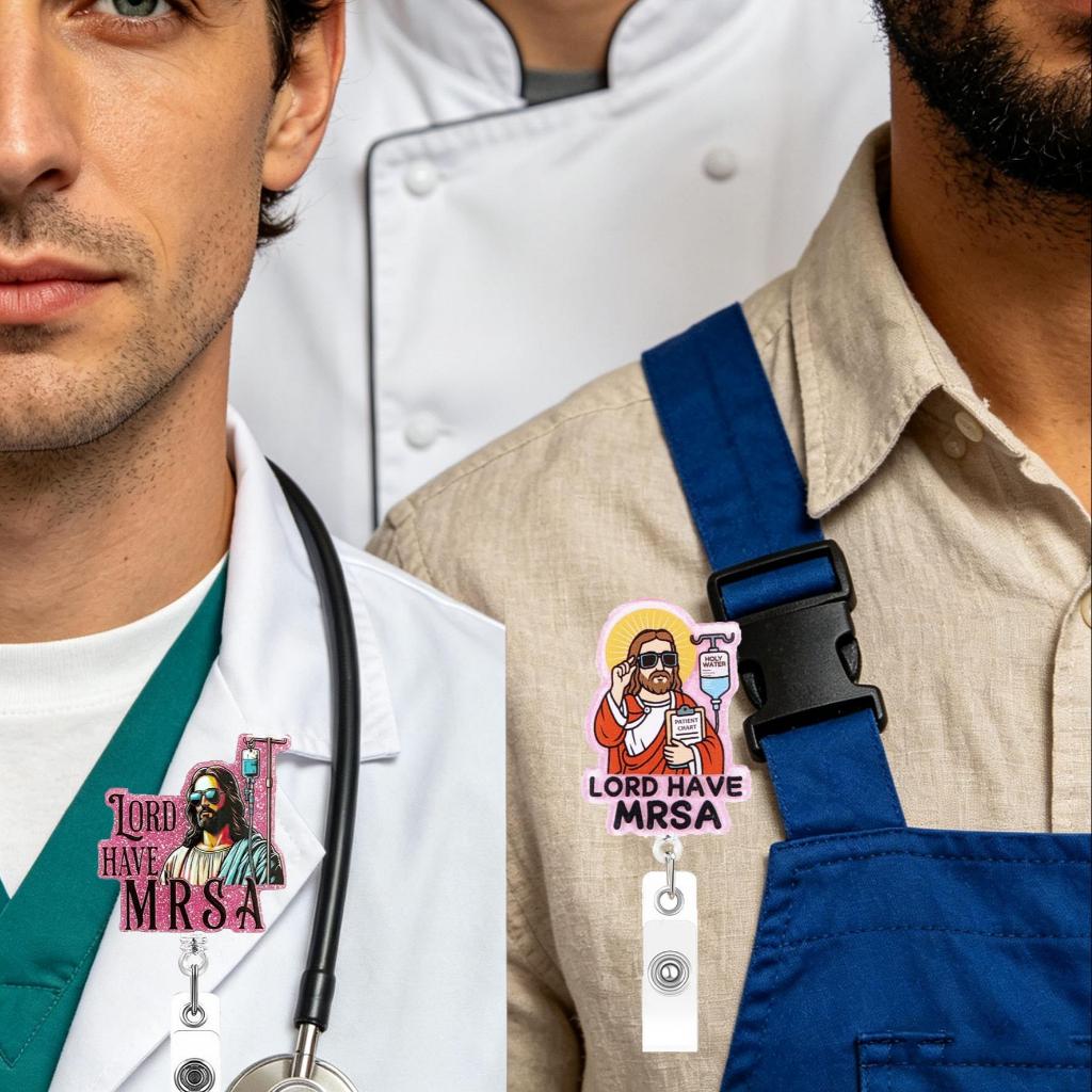 Porta Crachá Retrátil Engraçado Jesus Lord Have MRSA Gira-Gira Gode Para Enfermagem Médico Hospital Identificador De Res