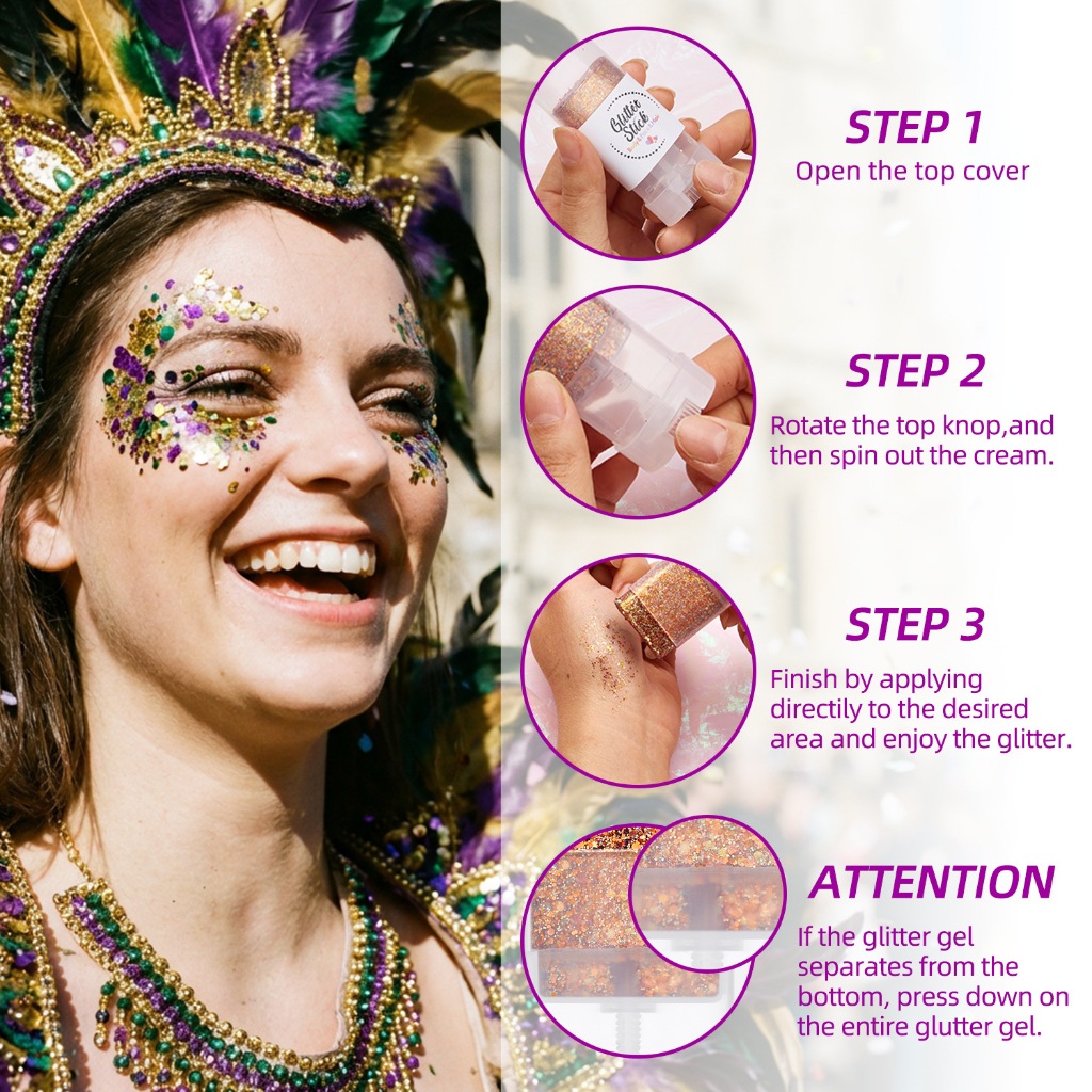 Glitter Em Bastão Para Corpo Rosto Cabelo Maquiagem Carnaval Festas Infantil Brilho Gel Maquiagem Longa Duração — imagem 2 de 2