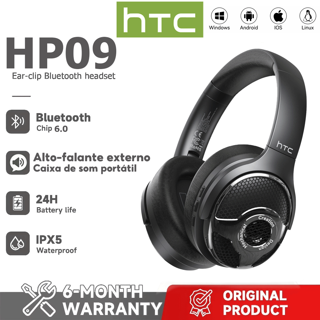 1 ano de garantia HTC HP09 Fone de ouvido Bluetooth Fone de ouvido Amplificador externo Alto-falante Fone de ouvido sem