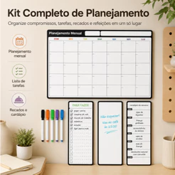 Kit Quadro Planejador Mensal e Semanal Magnético Geladeira Imã Planejamento Tarefas Compromissos Agenda + 5 Canetas