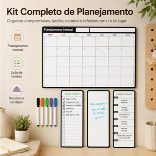 Kit Quadro Planejador Mensal e Semanal Magnético Geladeira Imã Planejamento Tarefas Compromissos Agenda + 5 Canetas