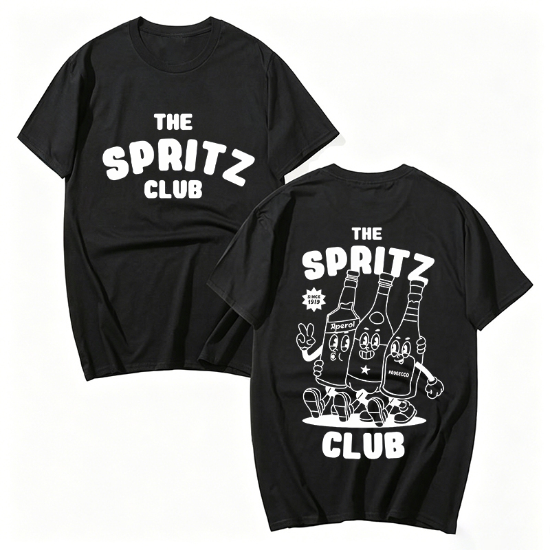 Camiseta Preta " The Spritz Club " , Unissex Retrô Aperol Cartoon Com Gola Redonda De Manga Curta , Top Casual Para Aman