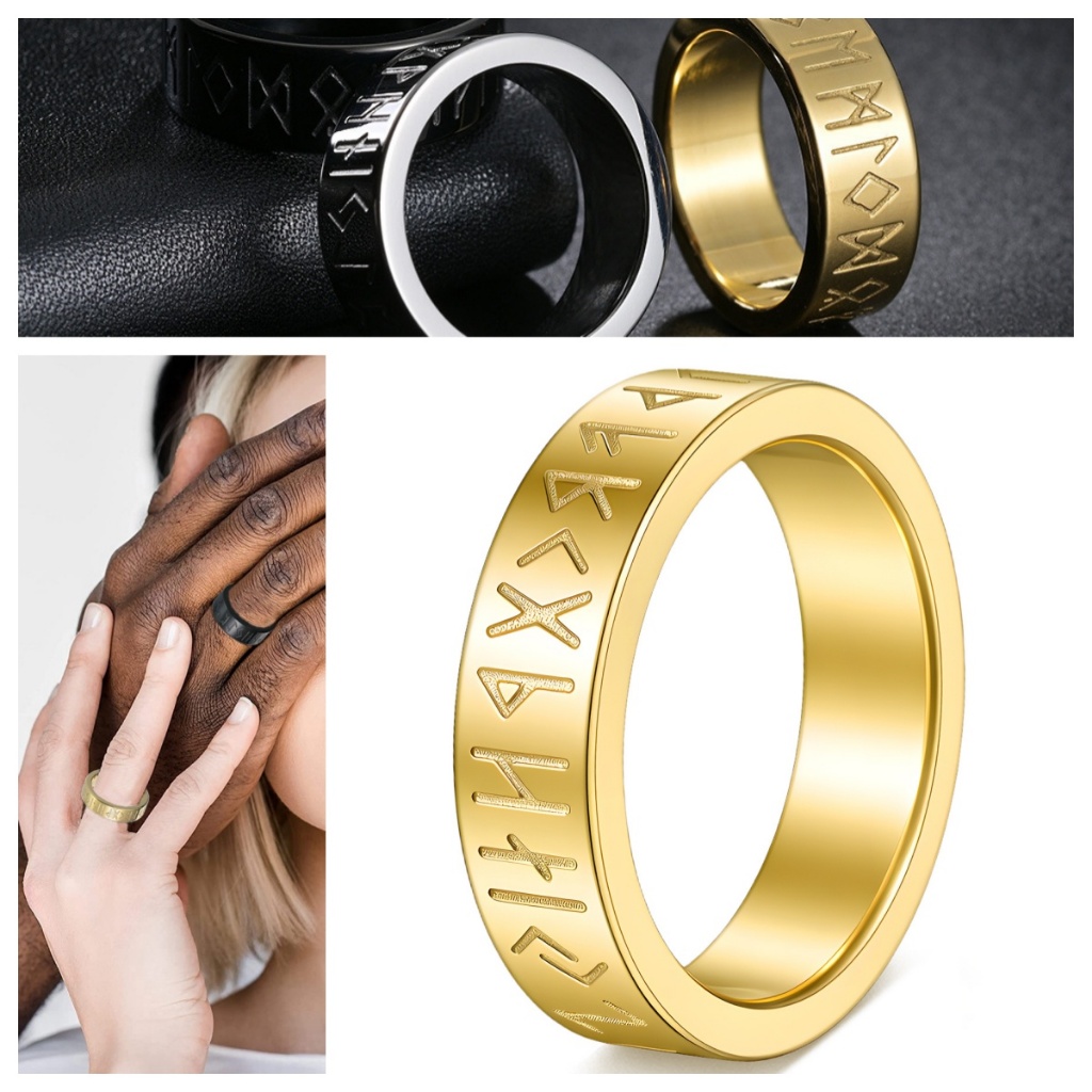 Fedsolife anel banhado a ouro casal titânio aço jóias masculinas nórdico pirata Viking texto runa