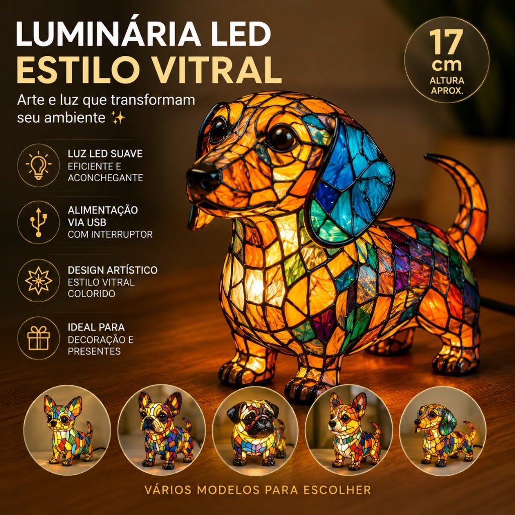 Luminária LED Estilo Vitral USB 17cm Animais Decorativos Mesa Arte Resina Várias Opções para Escolher Presentes de Natal