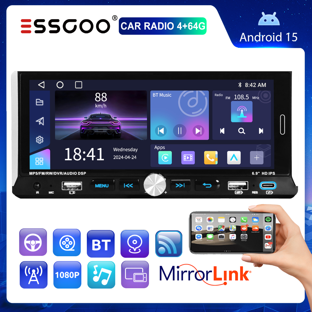 ESSGOO 1 Din Car Multimedia Center 7 Polegadas (6.9 ") 4GB RAM 64G ROM Android 15 MP5 Player Com GPS