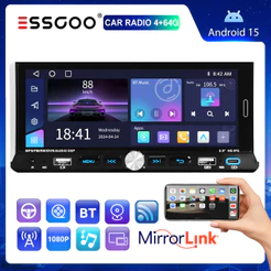 ESSGOO 1 Din Car Multimedia Center 7 Polegadas (6.9 ") 4GB RAM 64G ROM Android 15 MP5 Player Com GPS