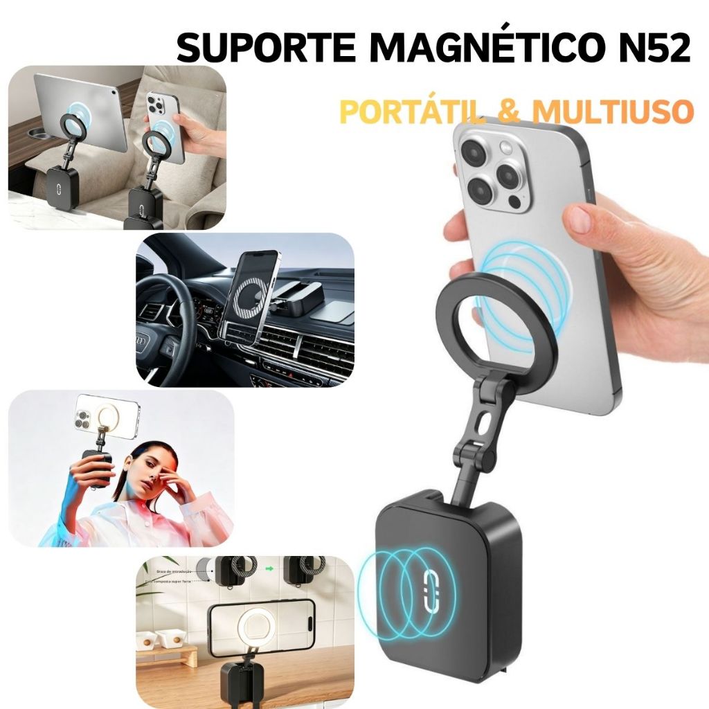 Suporte Multiuso Magnético Dupla Face  Ajuste 360° para Carro, Mesa e Tablet N52 Forte