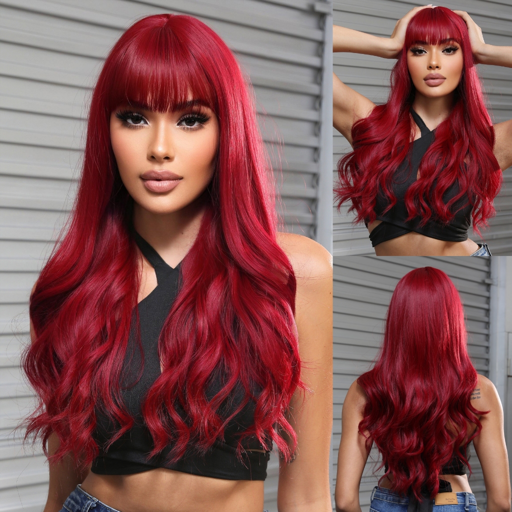 Senhoras peruca longa onda vermelha cabelo encaracolado resistente ao calor peruca sintética uso diário festa Role-Playi