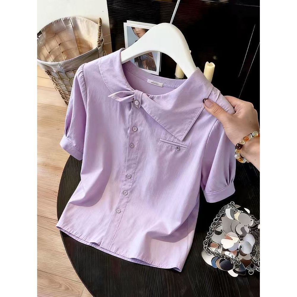 Nova Moda Assimétrica Roxa Versátil Camisa De Manga Curta Para Mulheres