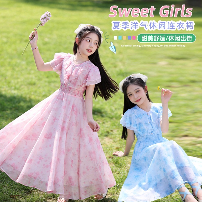 Meninas Vestido De Verão 2026 Floral Princesa Chiffon Longo Fino Moda Infantil 4 6 8 10 12 14