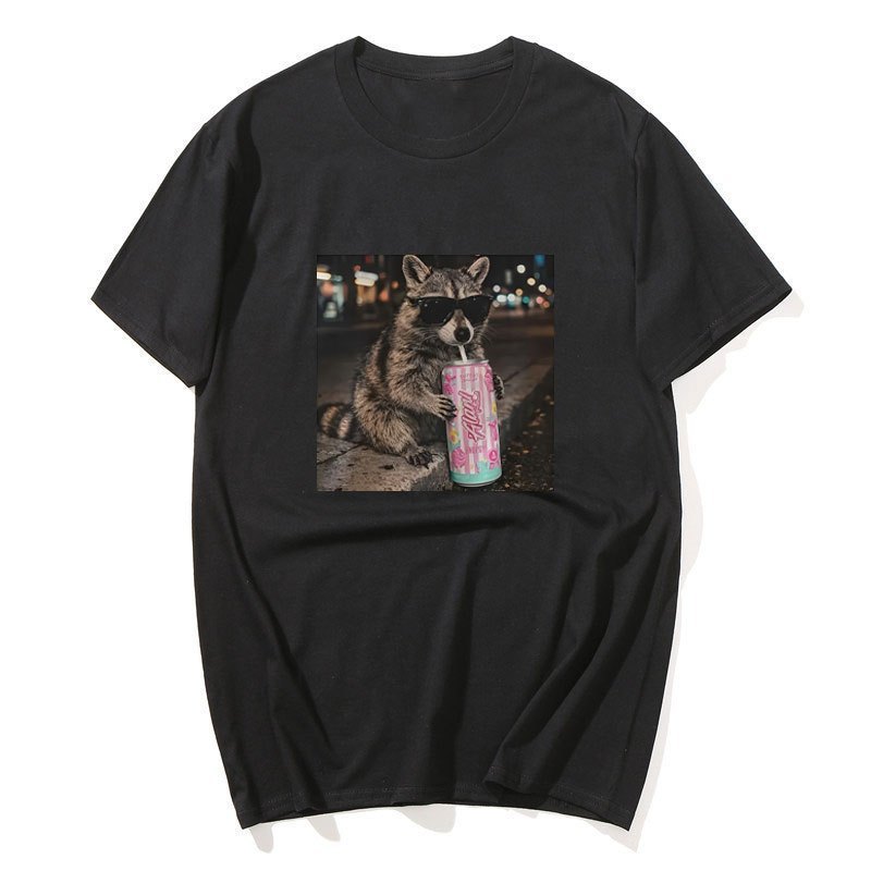 Raccoon Algodão Doce Bebida Gráfico Camiseta Diversão Animal Amante T Camisa Vintage Guaxinims Manga Curta Em Torno Do P