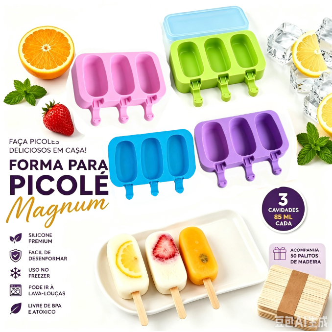 Forma Molde Para Sorvete Picolé Silicone C/ Tampas E 50 Palito Empilhavel