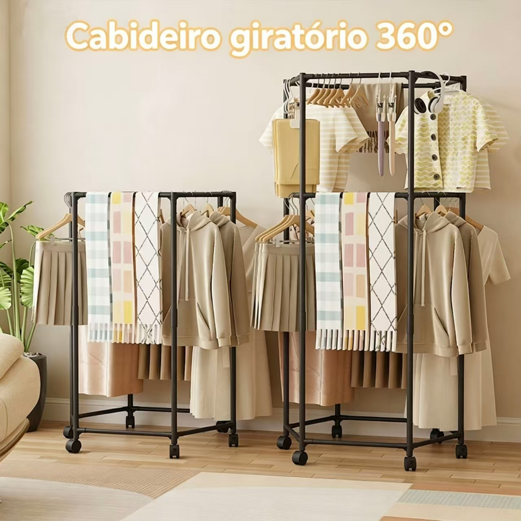Organizador De Guarda Roupa Arara Redonda Com Rodas Cabideiro Prático Pra Para Organização de Roupas
