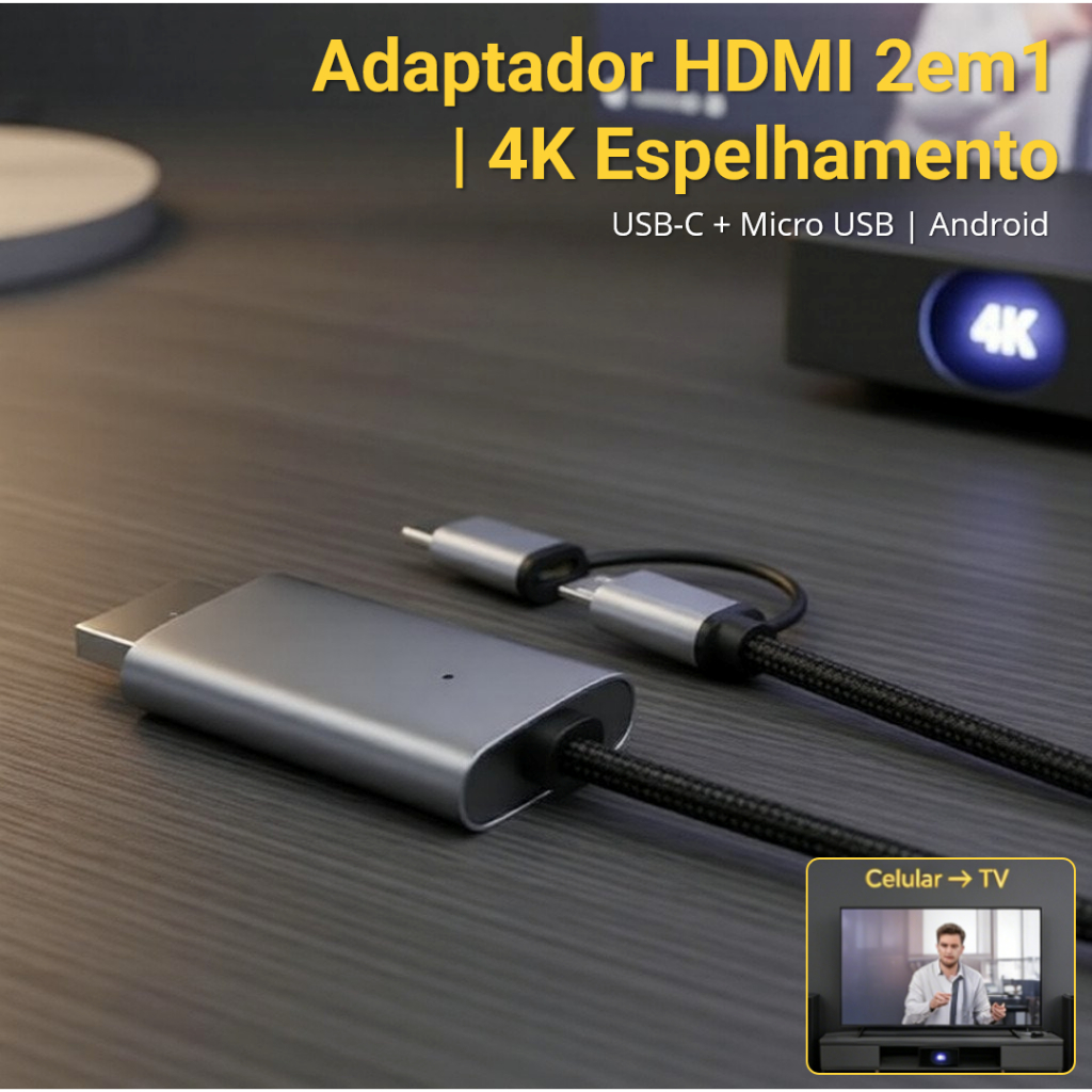 LD39 Adaptador HDMI 2em1 USB-C/Micro USB, Espelhamento 1080P para Celular Android TV e Projetor