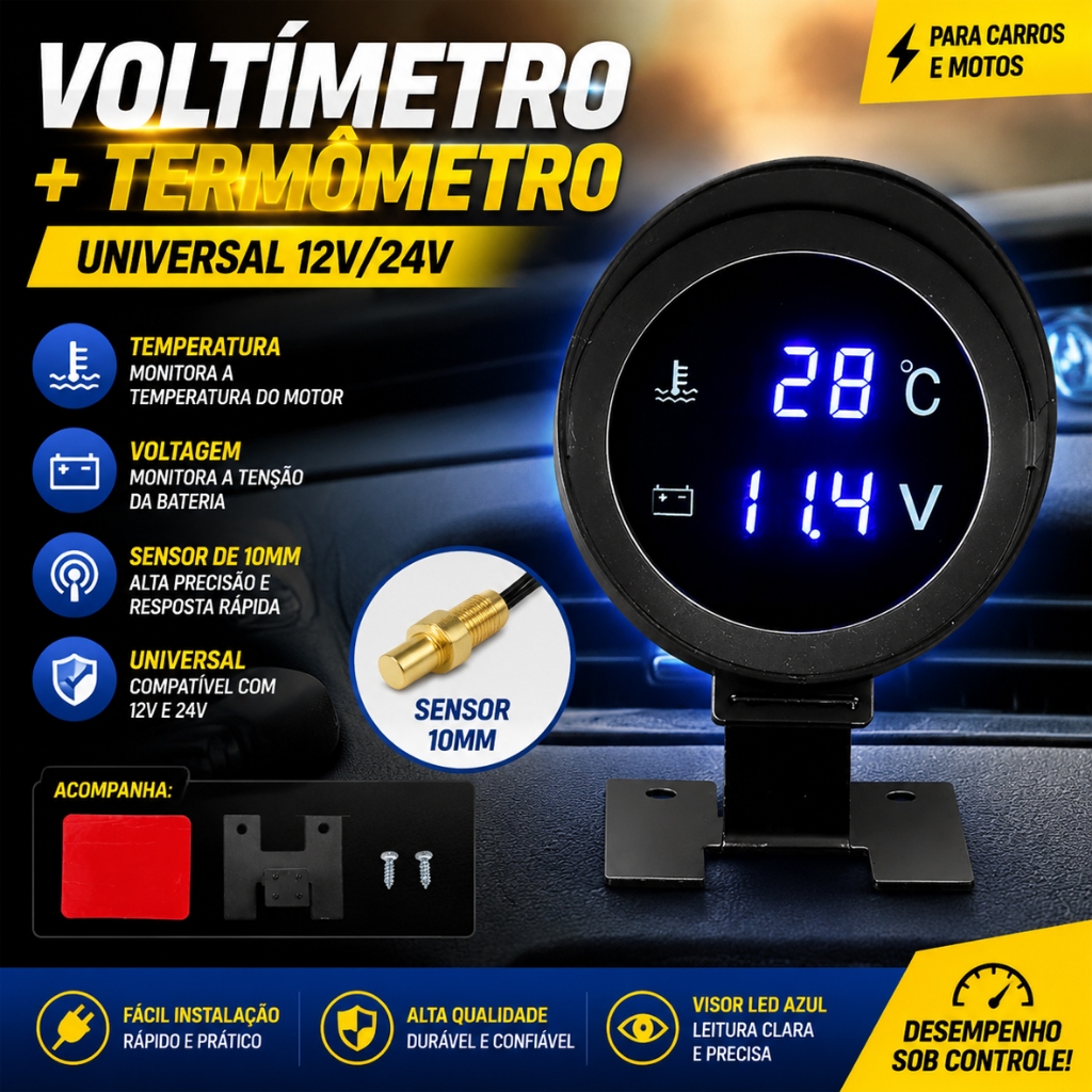 Voltímetro + Marcador De Temperatura Automotivo Universal