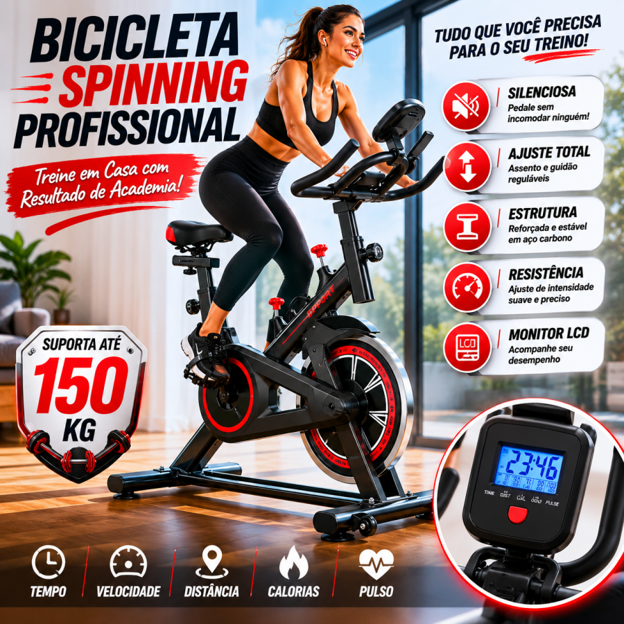 Bicicleta Spinning Ergométrica Para Exercícios Com Monitor Profissional Sport Suporta até 150kg