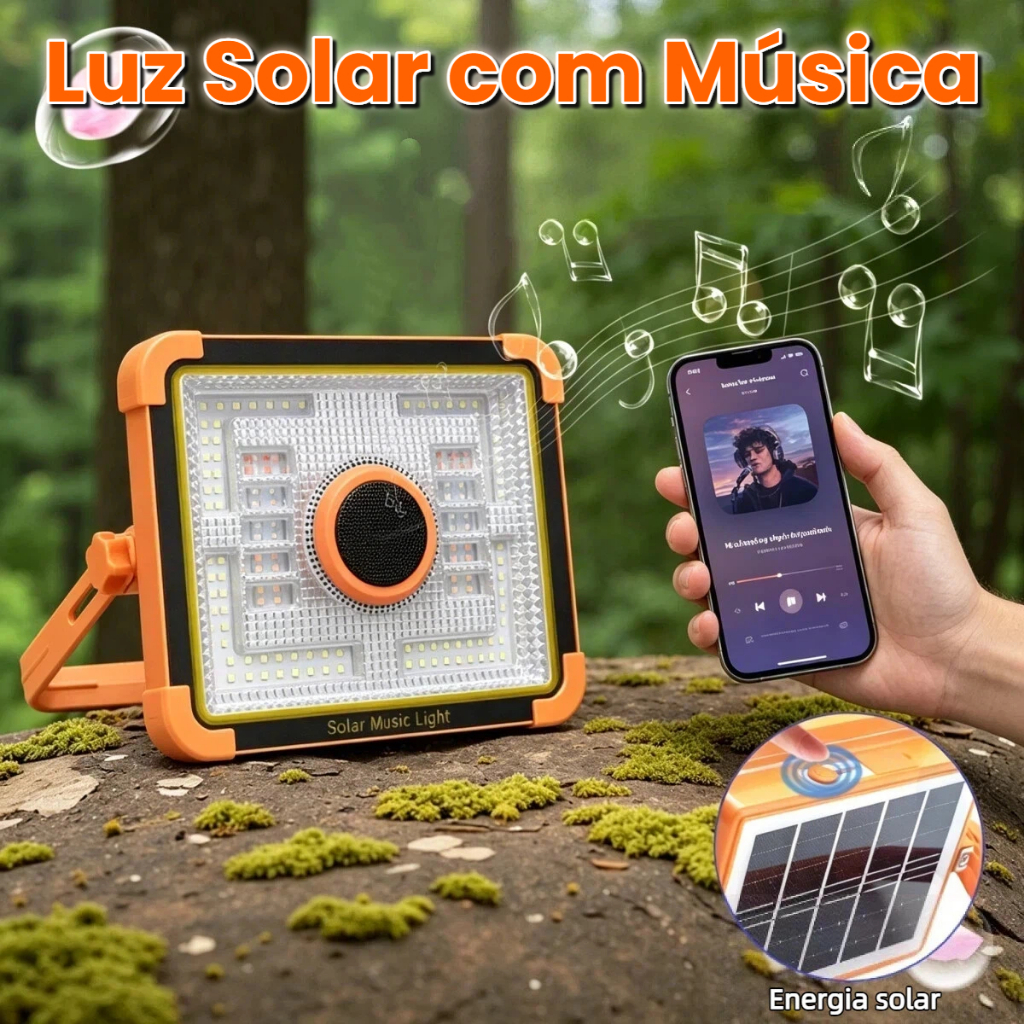 Luz de Festa Portátil Solar com Música e Bluetooth - Água IP66 | Função Power Bank para Acampamento e Emergência