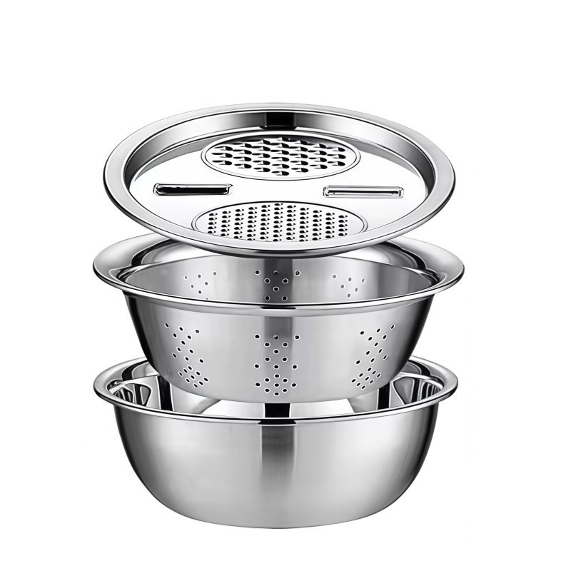 Kit 3 Em 1 Ralador 4 Laminas, Escorredor para Macarrão, Tigela 24cm / 26cm Inox Aço Inoxidável