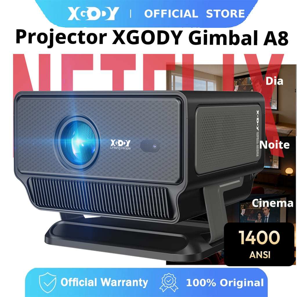 XGODY Projetor A8 Gimbal 1400 ANSI Android 14 2GB+16GB Foco Automático Portátil Para Cinema em Casa