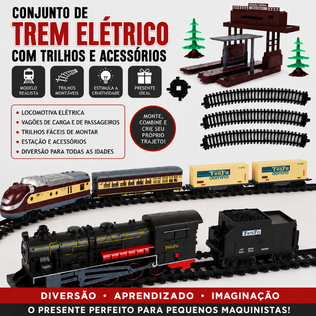 Conjunto de Locomotiva Elétrica com Trilhos Acessórios Vagões Estação Árvores Modelo Brinquedos Educativo Presente Natal