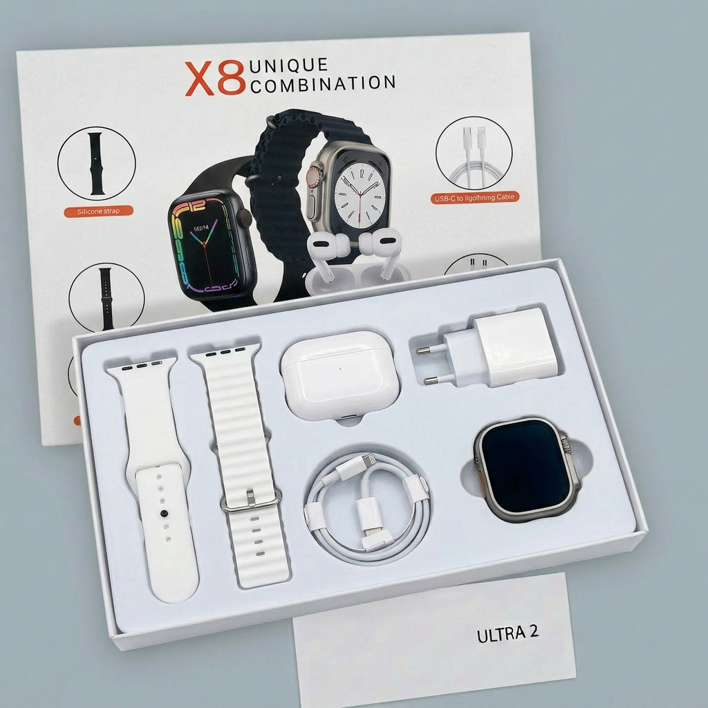 Smartwatch X8 Kit Acessórios Fone Bluetooth Carregador PD20W Função Pressão Arterial Calculadora e Chamadas Via Bluetoot