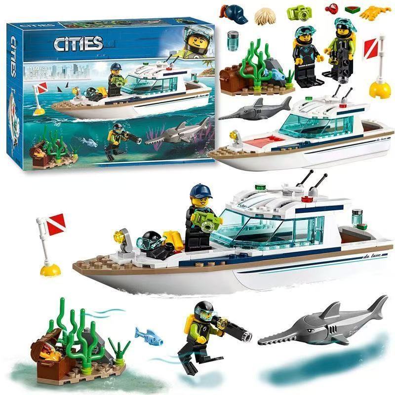 400 peças blocos de construção Lego série cidade sol submarino iate polícia lancha menino brinquedos montados