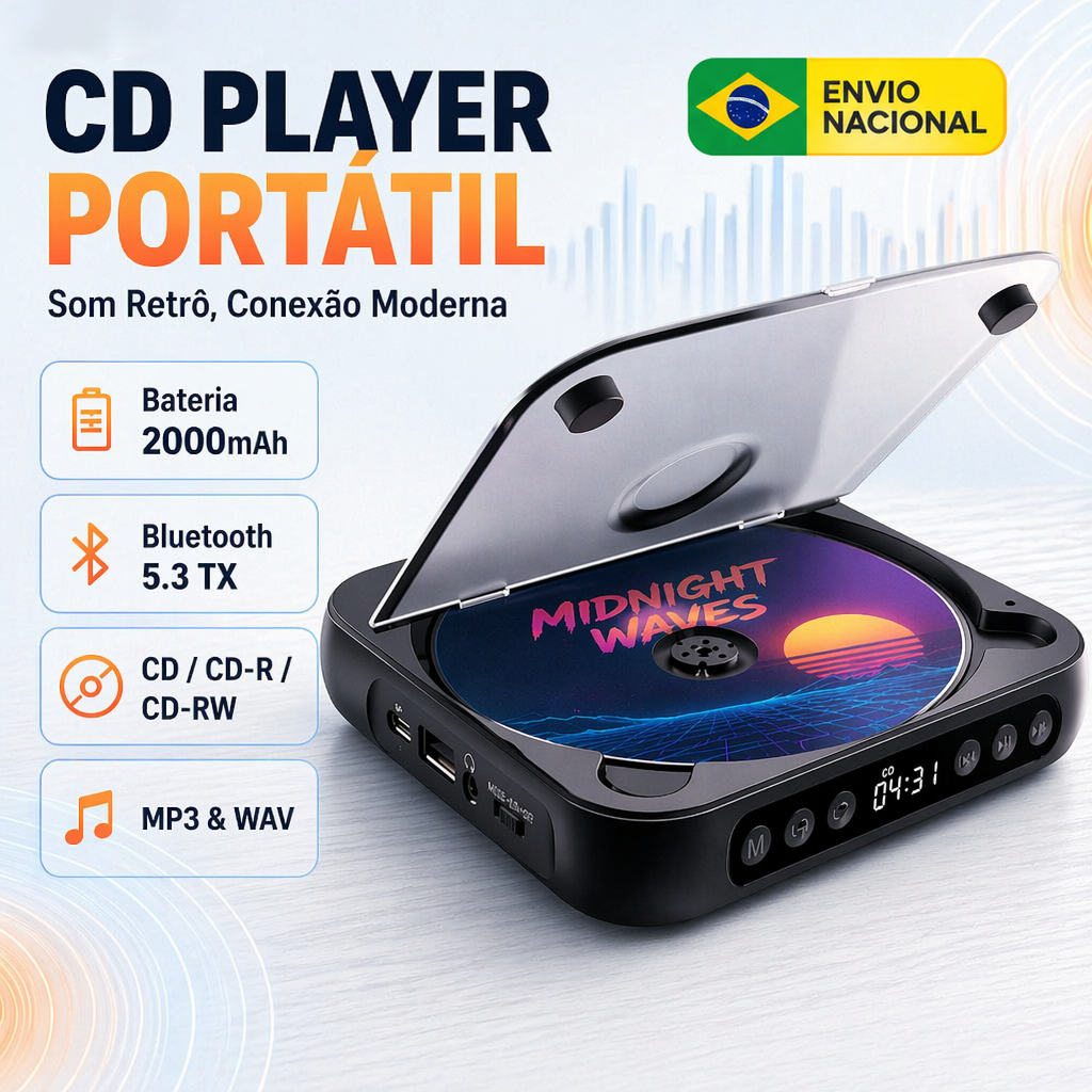 Leitor de CD Portátil 2000mAh Recarregável Bluetooth 5.3 CD Player Bivolt Com USB/3.5mm AUX