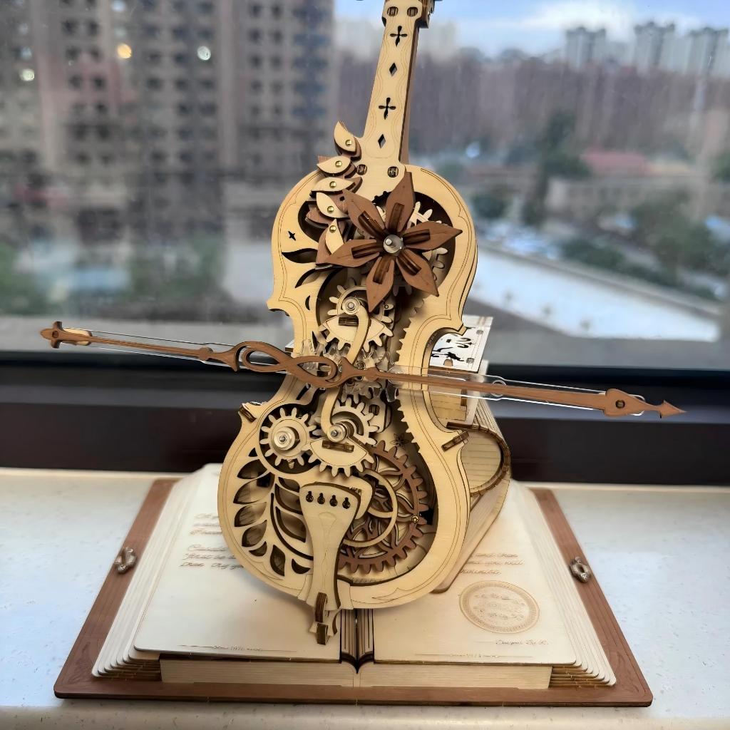 Violoncelo de madeira DIY caixa de música relógio modelo de montagem tridimensional quebra-cabeça música decoração de me