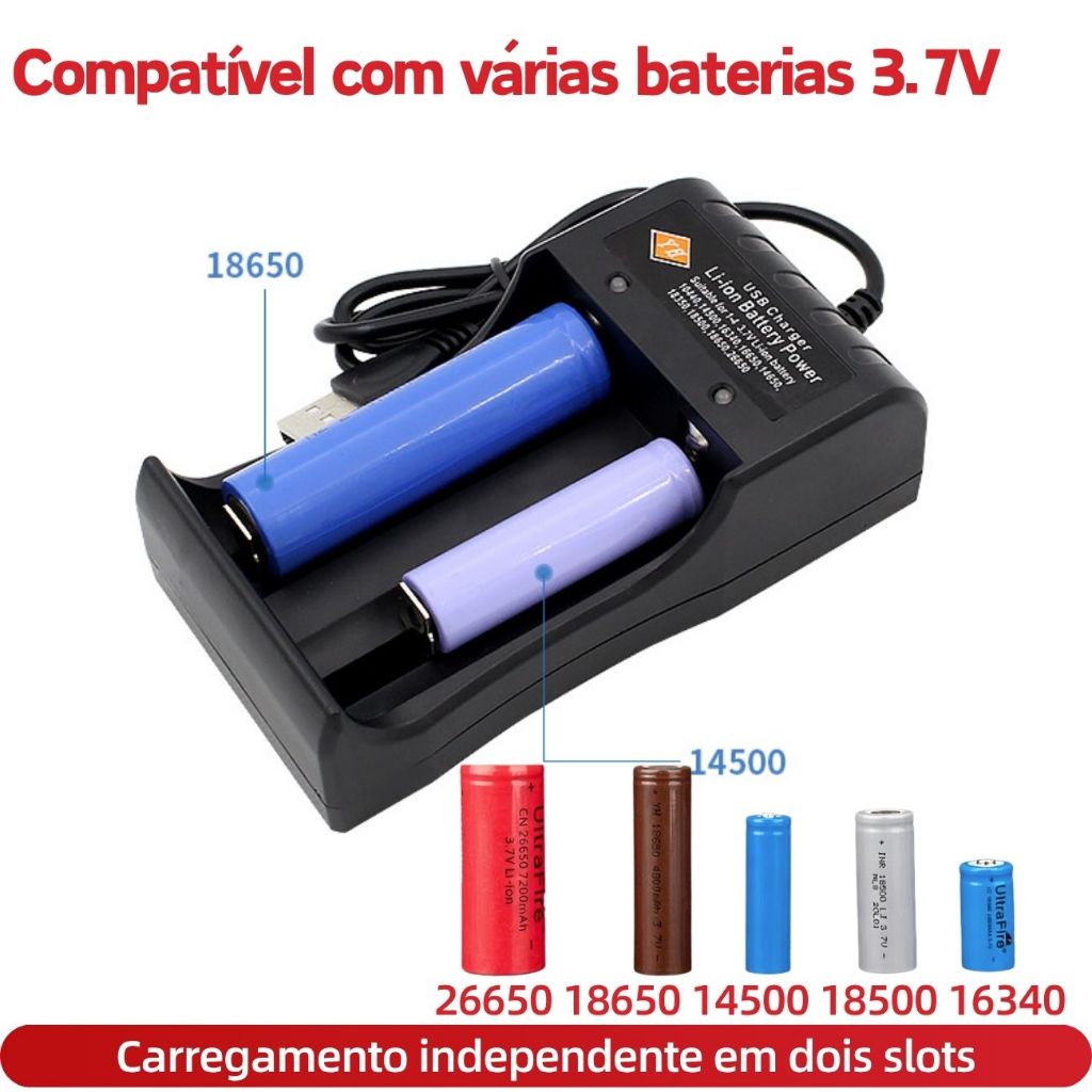 Carregador USB Duplo Bateria 26650/18650/14500 3.7V, carga independente, para lanterna e câmera