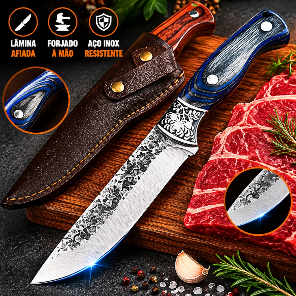 Faca Artesanal Forjada à Mão Aço Inox Com Bainha De Couro Faca Para Churrasco