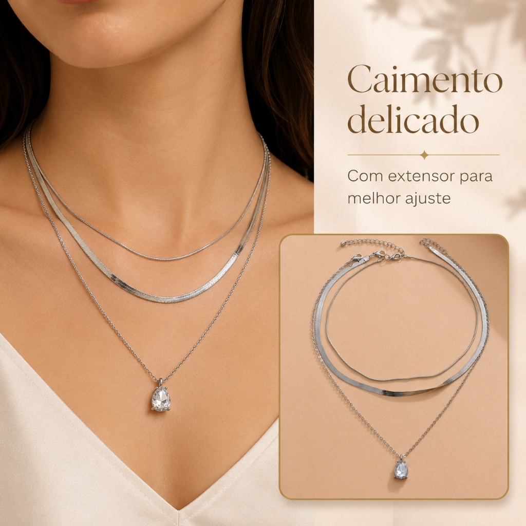 KIT 2 Choker Colar de pérolas de coração + Colar Com coração Ponto De Luz banhado a prata