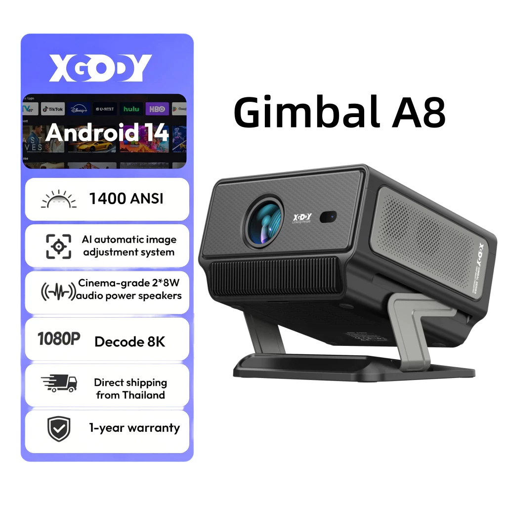 ~Novo~ Projetor XGODY Gimbal A8 1400 ANSI 2+16GB com Calibração Inteligente, Projetor Portátil com Android 14.0