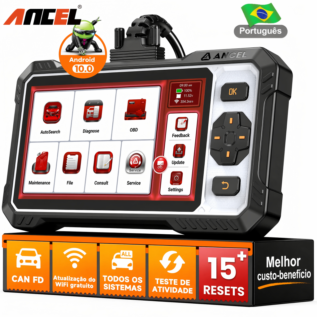 ANCEL FX6100 Scanner Automotivo em Português A/F Todos os Sistemas de Diagnóstico Óleo ABS SRS SAS