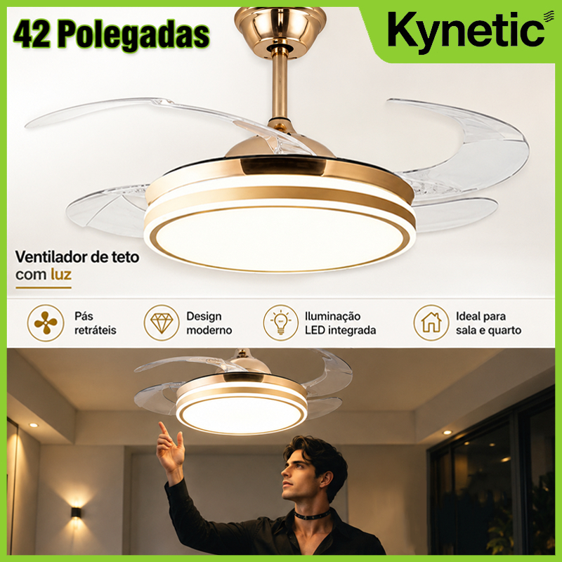 Ventilador de Teto Retrátil com LED Multicolor e Controle Remoto – Bivolt 96W, 4 Pás, Função Lustre